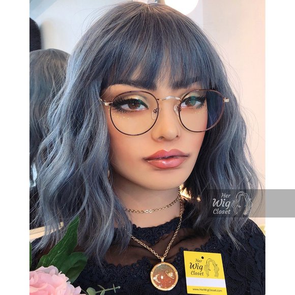 12" Ashy Blue Gray Wavy Wig with Bangs | Stacy - Picture 7 of 10